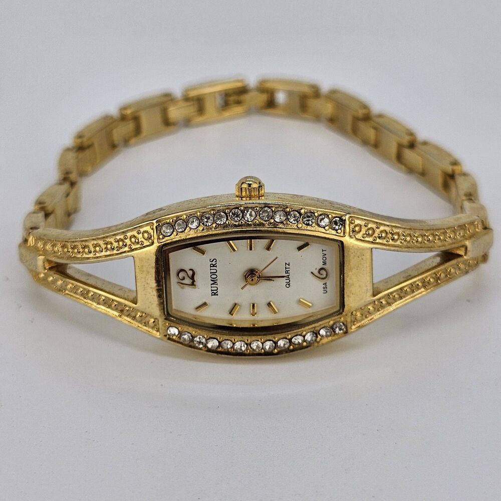 Rumours Women Watch 20MM White Dial Crystal Bezel Gold Bracelet 7.5" New Battery